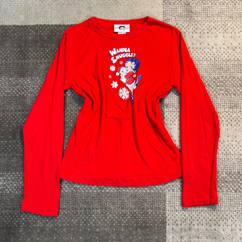 Betty Boop Red Long Sleeve Graphic Tee Wanna Snuggle Snowflake Size M 8/10